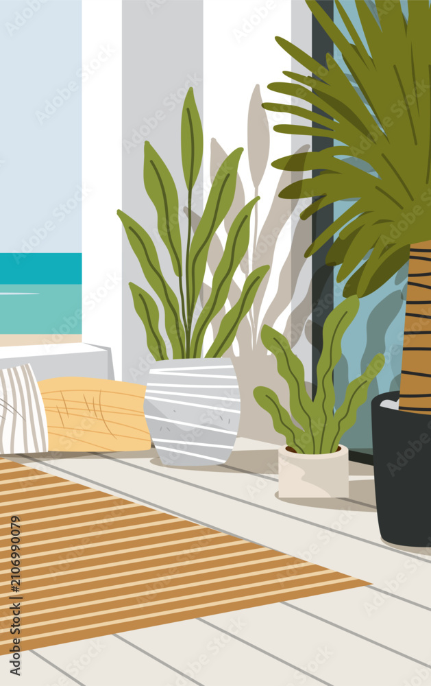 Obraz premium Mediterranean coastal aesthetic interior modern plants sunlit terrace sea view striped rug relaxing decor summer home