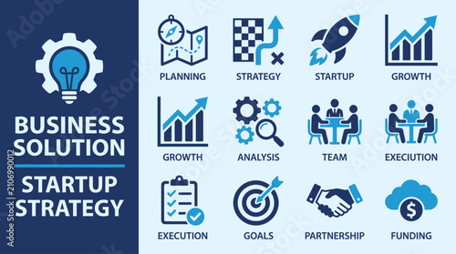 Creative vector illustration depicting a business solution and startup planning strategy with professional concepts of growth, development, innovation, and strategic corporate organization.