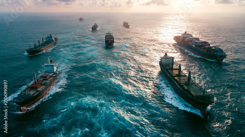 Aerial view of multiple cargo ships navigating through calm waters during sunset, showcasing the beauty of maritime transport and global trade on the ocean.