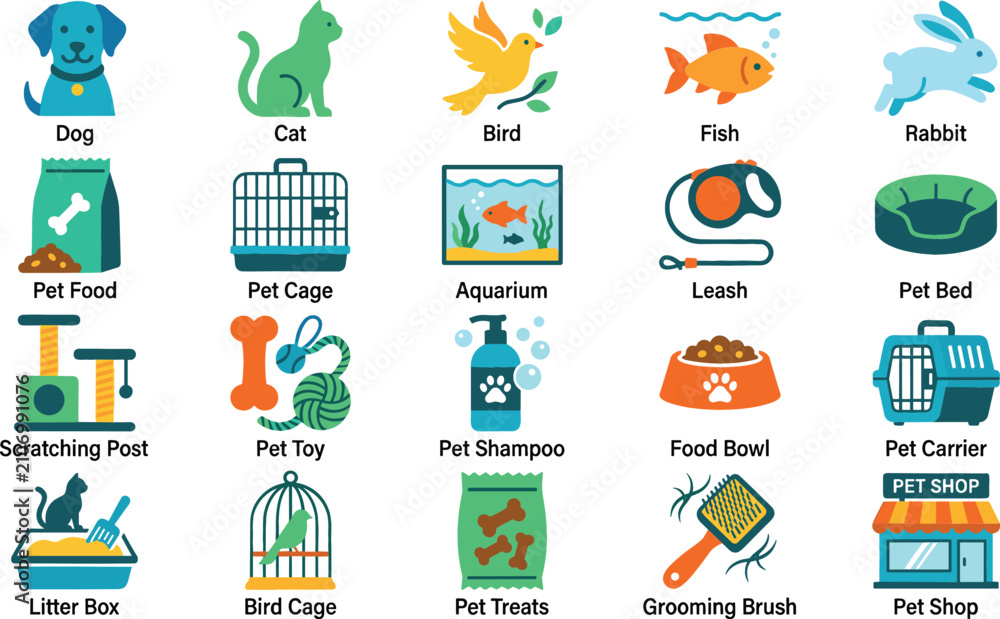 Naklejka premium Pet Shop and Domestic Animal Care Icon Set with Dog Cat Bird Fish Food Cage Carrier and Grooming Accessories Vector Symbols