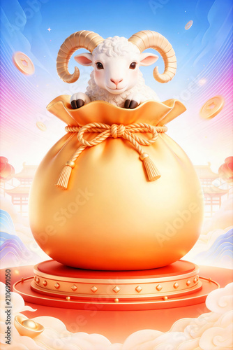 White Sheep Inside Golden Fortune Bag On Red Podium