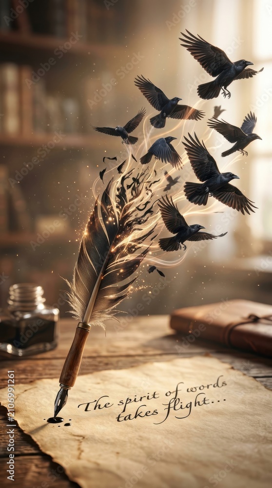 Obraz premium Quill pen transforming into flying crows