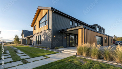 Modern luxury house with wood and dark siding