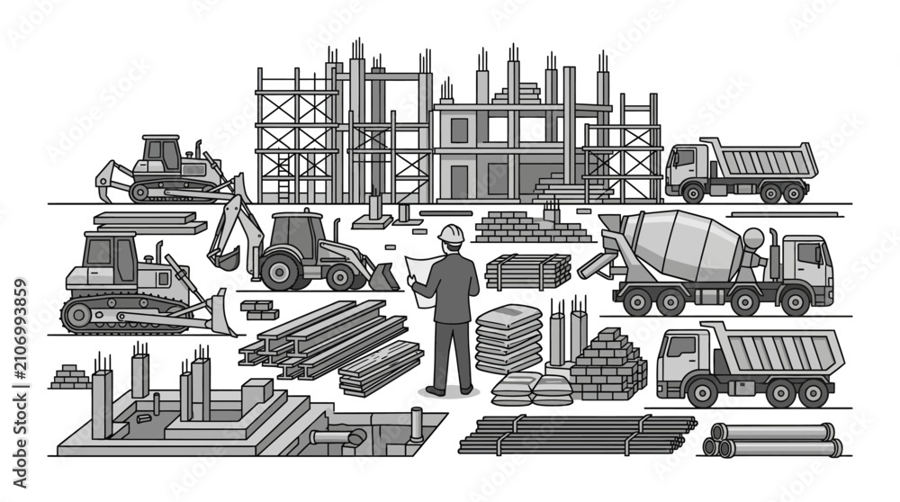 Obraz premium Vector illustration of a construction site with machinery and engineer