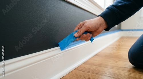 A hand applies blue painter's tape along the baseboard.