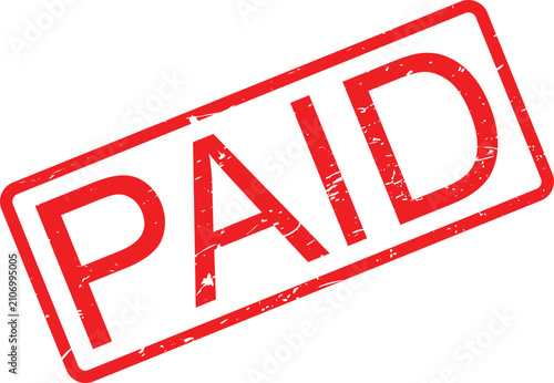 Paid red grunge rubber stamp text indicating a successfully completed financial transaction