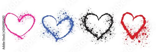 Принти на полотні Four heart shapes in pink blue black and red textured with a speckled watercolor
