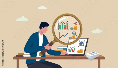 Market research data analysis, analyze business data financial report, SEO analytics profit earning concept, businessman analyst with magnifying glass analyze data computer laptop