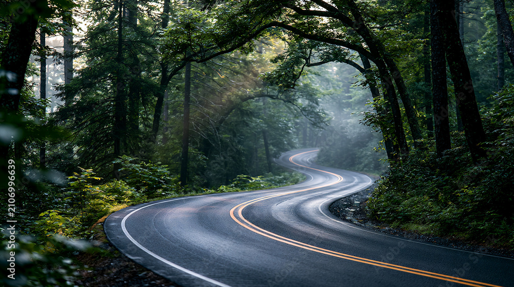 Obraz premium A winding road nestled within a lush forest, shrouded in mist and greenery. The fresh air and tranquil environment invite travelers to explore the beauty of nature.
