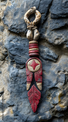 Amulet featuring carved wood and stone elements hangs against a rough, textured grey stone surface.