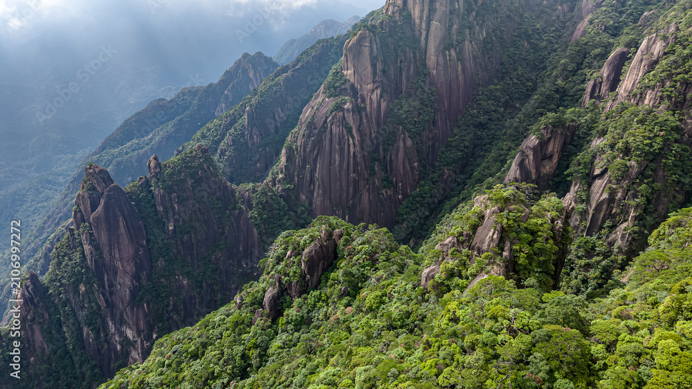 Obraz premium Aerial Drone View of Granite Peak Forest, Natural Mountain Landscape of Sharp Rock Pillars and Thick Primitive Forest