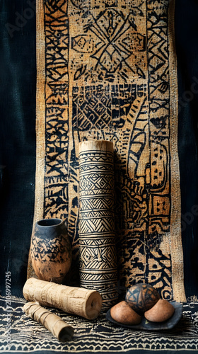 Scrolls decorated with geometric patterns are displayed alongside carved vessels to evoke a sense of ancient storytelling and ancestral record keeping.
