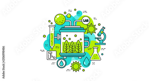 Biotechnology and Sustainable Science Illustration: Bioreactor, Lab Equipment, and Plant-Based Research Concept for Green Energy and Eco Innovation