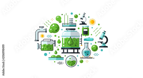 Renewable Algae Biofuel and Green Energy Biotechnology Laboratory Concept Vector Illustration with Lab Equipment and Bioreactor