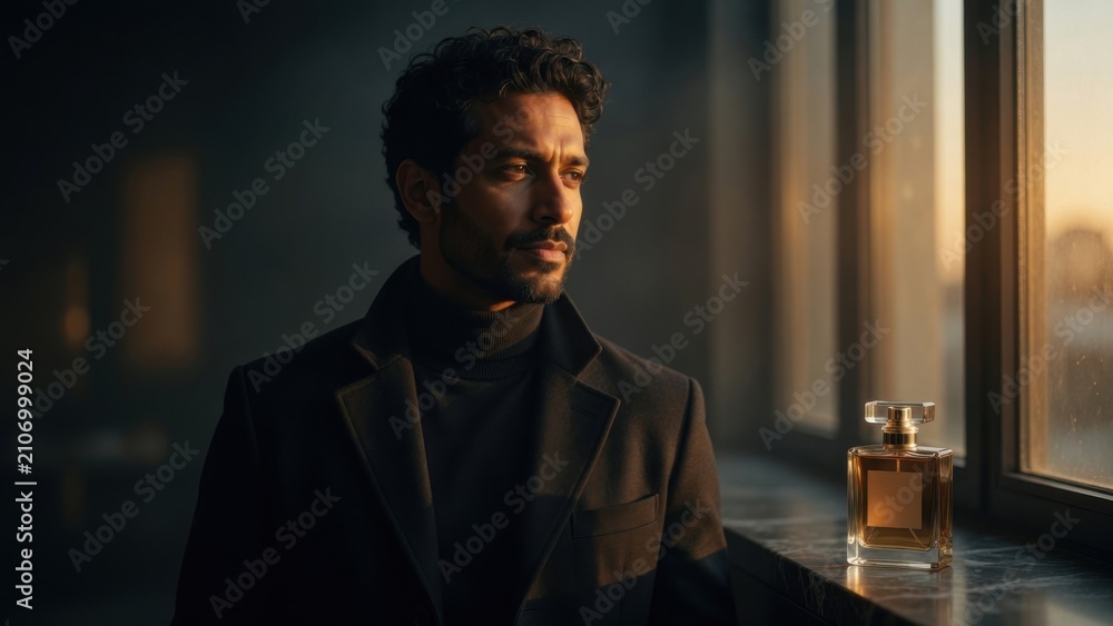 Fototapeta premium Confident Man Standing by Window with Perfume Bottle