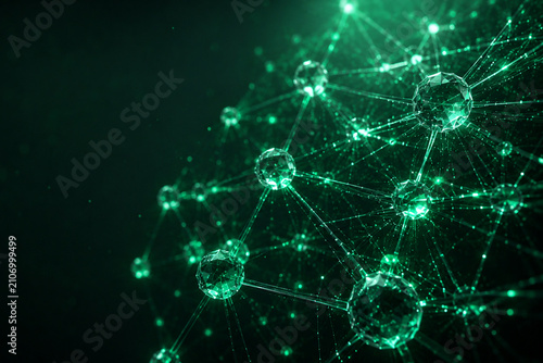 Abstract green neural network visualization with connected nodes on dark background, artificial intelligence, machine learning, data science and digital communication concept