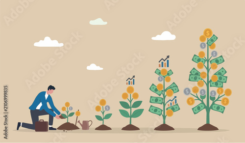 Investing growing pension retirement fund, growing wealth or investment asset concept, businessman investor planting money seedling for prosperity