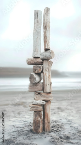 Stack of weathered logs stands vertically on a foggy shoreline, creating a sculpture that emphasizes balance and quiet contemplation amidst the misty coastal environment.