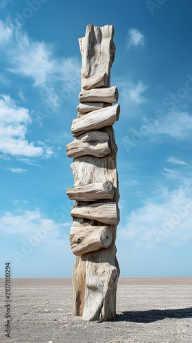 Totem of stacked driftwood stands tall on a desolate beach under a clear blue sky, demonstrating a sense of balance and artistic permanence in a natural landscape.