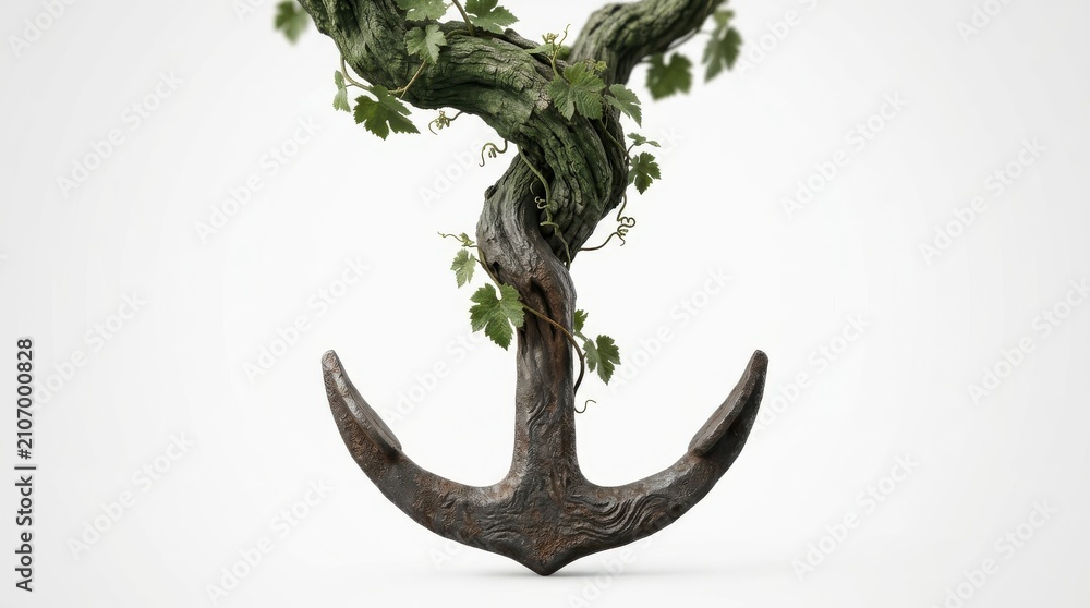 Naklejka premium Old metal anchor wrapped in a twisting grapevine