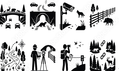 Wildlife research and forest conservation vector icon set featuring field scientists trail cameras and field camps.eps,