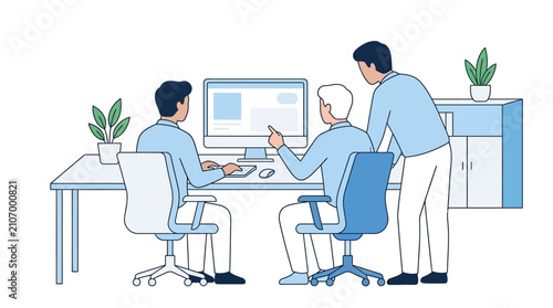 Business team collaborating on a project in a modern office