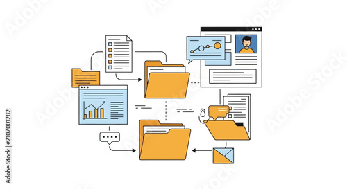 Digital file management and data organization concept with folders and documents.