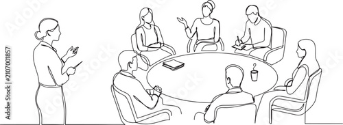 Schilderij op canvas Single one line drawing female presenter leading meeting with participant seated in circle