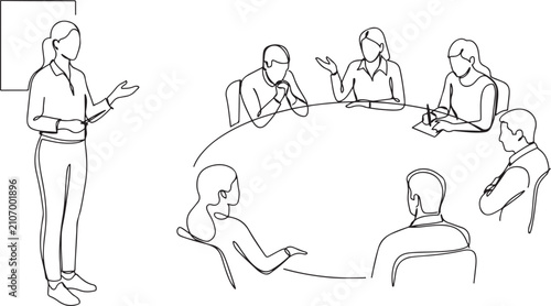 Schilderij op canvas Single one line drawing female presenter leading meeting with participant seated in circle