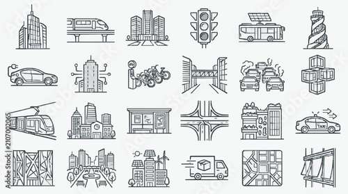 Foto Sleek Black and White Line Drawing Icons Set Featuring Urban Infrastructure Vehi
