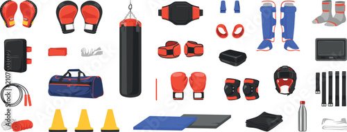 Bild auf Leinwand Martial arts kickboxing and combat sports training gear set with heavy bag, shin