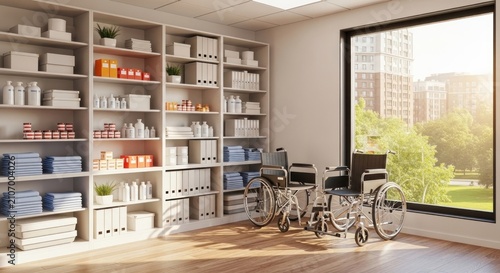 Wheelchairs in a storage room with shelves.