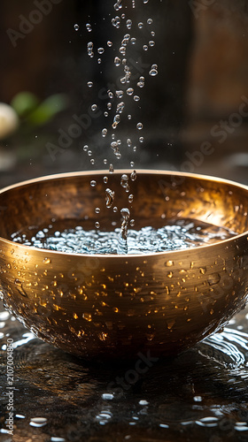 Brass singing bowl sits on a dark surface while crystal clear water drops fall into the center creating ripples and splashes.