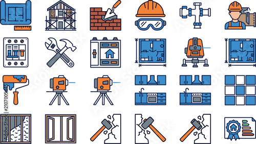 Vector set of colorful construction and home renovation icons featuring blueprint tools hardhat laser level kitchen floor tiles and insulation symbols