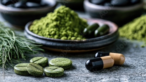 Green powder, pills, and capsules on a textured surface with sprigs