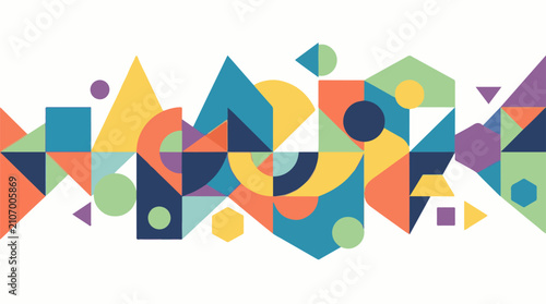 Vibrant geometric shapes form an abstract pattern in various colors