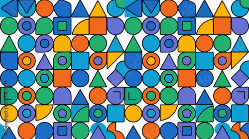 Vibrant geometric shapes create a playful abstract pattern on a white background