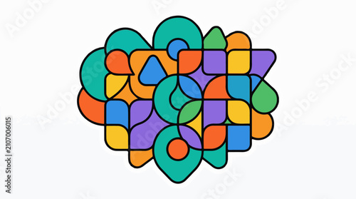 Vibrant geometric shapes create a playful abstract cloud formation