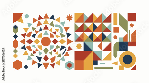 Vibrant geometric shapes arranged in a modern abstract composition