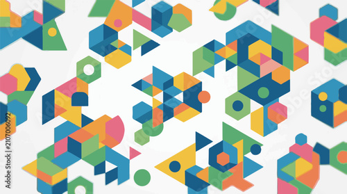 Vibrant geometric shapes arranged abstractly on a white background