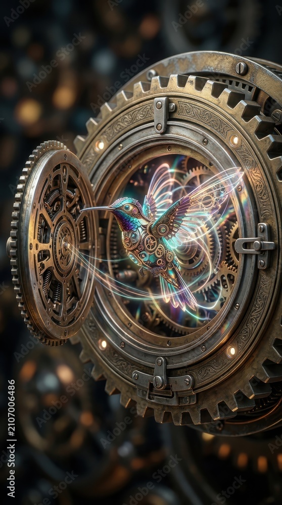 Obraz premium Steampunk hummingbird flying inside intricate clockwork gears