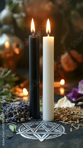 Candles in black and white stand tall on a dark altar surrounded by dried herbs and a silver pentagram symbol.