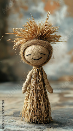 Doll made from natural straw and twine stands upright on a textured stone surface with a soft blurred background.