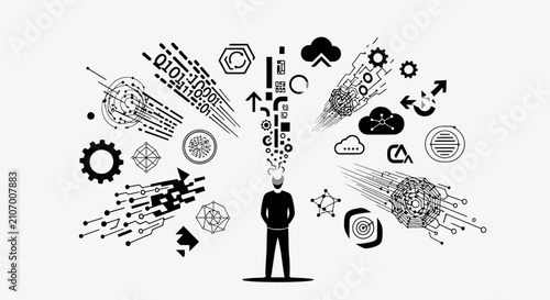 Abstract concept visualization man thinking data flow innovation creativity inspiration