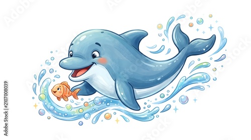 Happy Dolphin Helping Tiny Fish Swim – Cute Children's Book Illustration on White Background