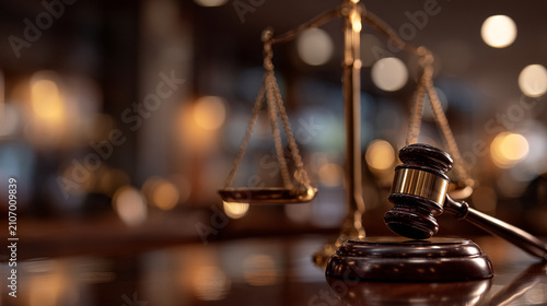 Traditional golden scales of justice and wooden gavel on blurred library desk background