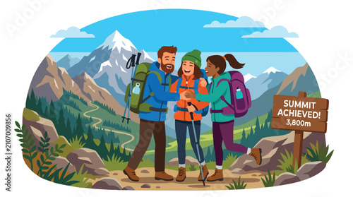 Best friends illustration and best friends flat illustration showing hikers reaching mountain summit