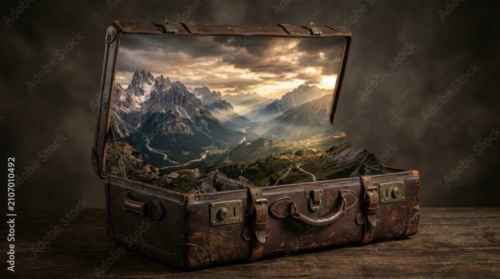 Fototapeta premium Vintage suitcase opening to reveal a mountain landscape