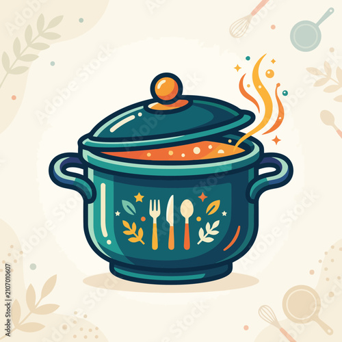 Фотография A steaming pot of hot soup sits on a kitchen table