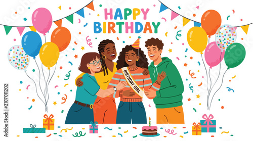 Best friends illustration and best friends flat illustration celebrating a birthday party with balloons and confetti